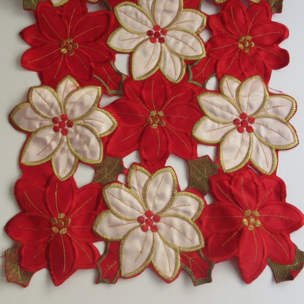 Poinsettia Satin Cut-Out Table Runner Embroidered Christmas 12" x 68" - Picture 2 of 10